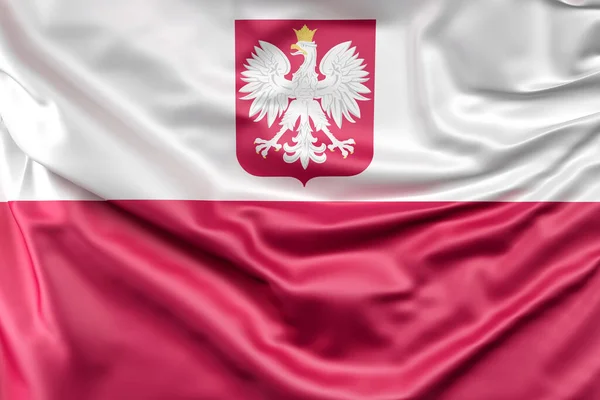 Ruffled Bandeira Polónia Com Brasão Armas Renderização — Fotografia de Stock