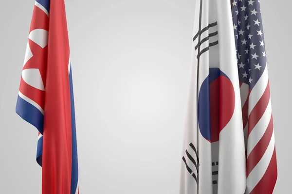 韩国和朝鲜的国旗 政治对抗概念 3D渲染 — 图库照片