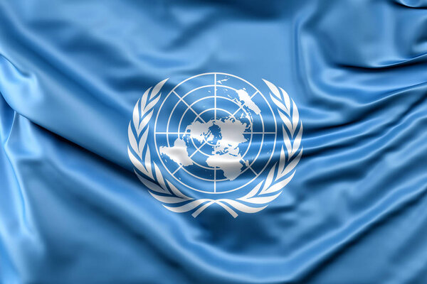 Разъярённый флаг ООН. 3D рендеринг