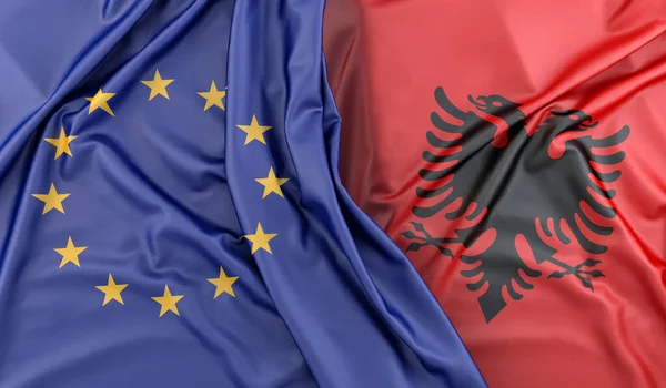 Ruffled Bandeiras União Europeia Albânia Renderização — Fotografia de Stock