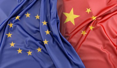 Avrupa Birliği ve Çin 'in Dalgalı Bayrakları. 3B Hazırlama