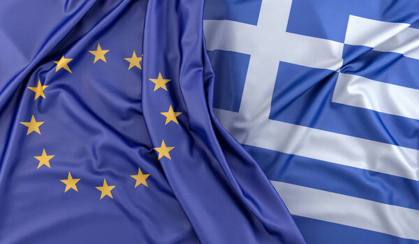 Ruffled Flags of European Union and Greece. 3D Rendering