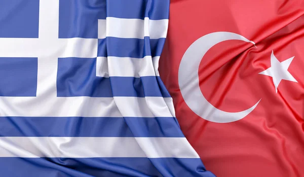 希腊和土耳其的折叠式旗帜 3D渲染 — 图库照片