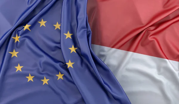 Ruffled Bandeiras União Europeia Indonésia Renderização — Fotografia de Stock