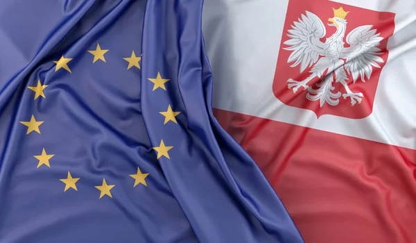 Ruffled Bandeiras União Europeia Polônia Com Brasão Armas Renderização — Fotografia de Stock