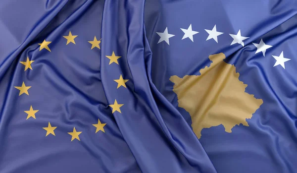 Bandeiras Ruffled União Europeia Kosovo Renderização — Fotografia de Stock