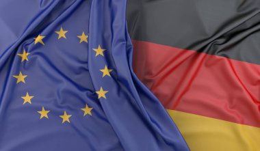 Avrupa Birliği ve Almanya 'nın Dalgalı Bayrakları. 3B Hazırlama