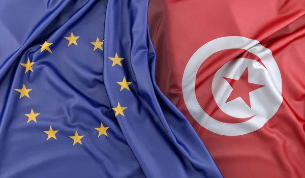 Ruffled Bandeiras União Europeia Tunísia Renderização — Fotografia de Stock