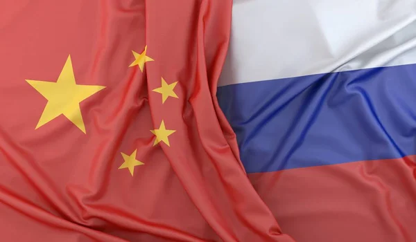 Ruffled Flags of China and Russia. 3D Rendering