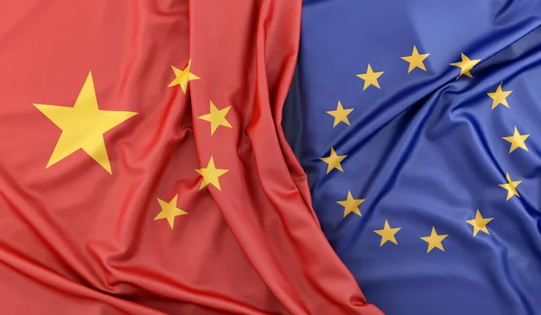 Rozcuchané Vlajky Číny Evropské Unie Vykreslování — Stock fotografie