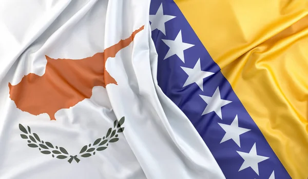 塞浦路斯和波斯尼亚和黑塞哥维那的旗帜被打皱 3D渲染 — 图库照片