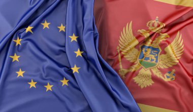 Avrupa Birliği ve Karadağ 'ın Dalgalı Bayrakları. 3B Hazırlama