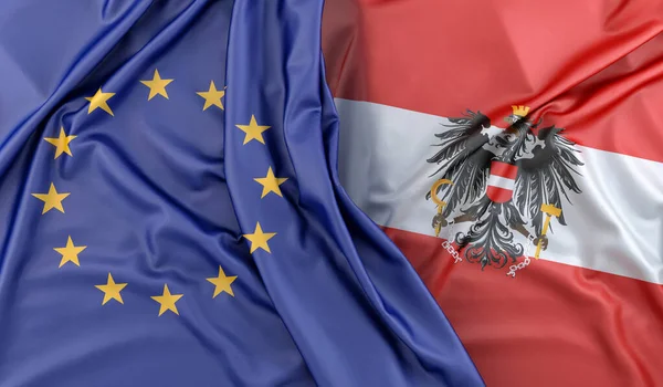 Ruffled Bandeiras União Europeia Áustria Com Brasão Armas Renderização — Fotografia de Stock
