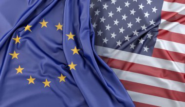 Avrupa Birliği ve Amerika Birleşik Devletleri 'nin dalgalı bayrakları. 3B Hazırlama
