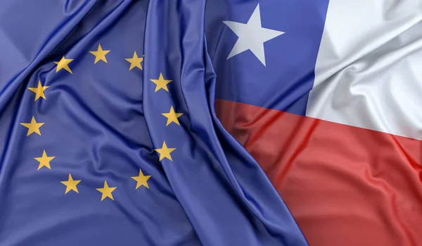 Ruffled Bandeiras União Europeia Chile Renderização — Fotografia de Stock