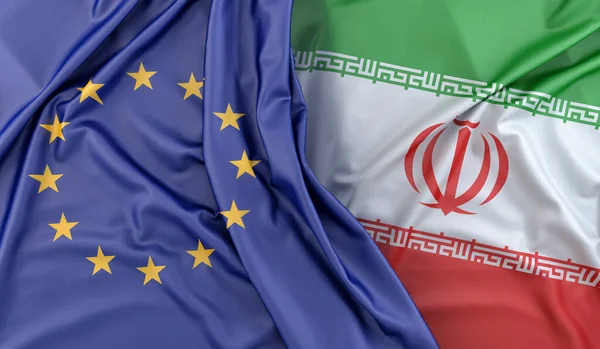 Rozcuchané Vlajky Evropské Unie Íránu Vykreslování — Stock fotografie