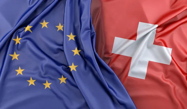 Ruffled Bandeiras União Europeia Suíça Renderização — Fotografia de Stock