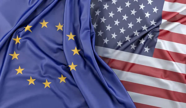 Rozcuchané Vlajky Evropské Unie Spojených Států Amerických Vykreslování — Stock fotografie