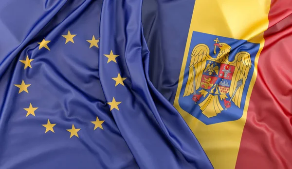 Svampiga Flaggor Från Europeiska Unionen Och Rumänien Med Vapensköld Återgivning — Stockfoto