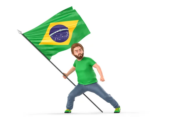 誇らしげにブラジルの国旗を掲げている男 白い背景に孤立した 3Dレンダリング — ストック写真