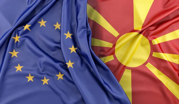 Svampiga Flaggor Från Europeiska Unionen Och Norra Makedonien Återgivning — Stockfoto