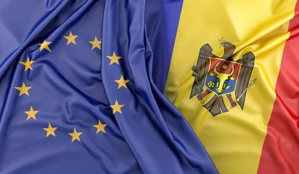 欧洲联盟和摩尔多瓦的折叠式旗帜 3D渲染 — 图库照片
