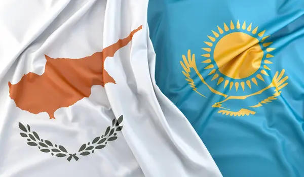 Ruffled Flags of Cyprus and Kazakhstan. 3D Rendering