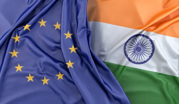 Rozcuchané Vlajky Evropské Unie Indie Vykreslování — Stock fotografie