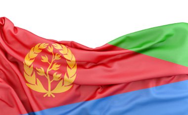 Eritre bayrağı beyaz arkaplanda izole edilmiş ve fotokopi alanı yukarıda. 3B görüntüleme