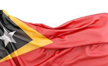 Doğu Timor bayrağı beyaz arkaplanda izole edilmiş ve fotokopi alanı yukarıda. 3B görüntüleme