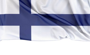 Finlandiya bayrağı beyaz arka planda izole edilmiş ve altında kopya alanı var. 3B görüntüleme