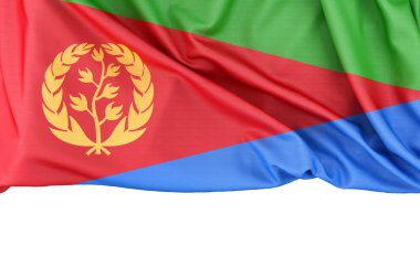 Eritre bayrağı beyaz arkaplanda izole edilmiş ve altında kopyalama alanı var. 3B görüntüleme