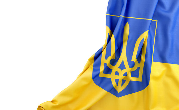 Flag of Ukraine (with COA) with empty space on the left. Isolated. 3D Rendering
