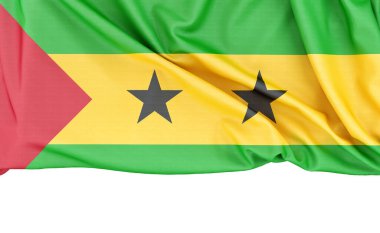 Sao Tome bayrağı beyaz arkaplanda izole edilmiş ve altında kopyalama alanı var. 3B görüntüleme