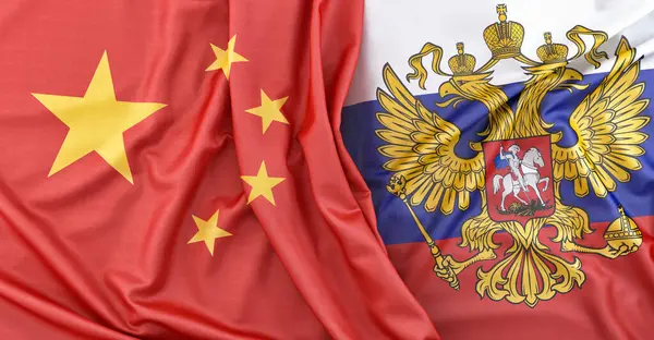 Vlajky Číny Ruska Erbem Vykreslování Stock Snímky