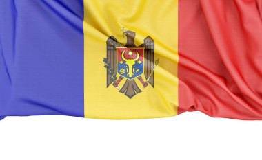 Moldova bayrağı beyaz arkaplanda izole edilmiş ve altında kopya alanı var. 3B görüntüleme