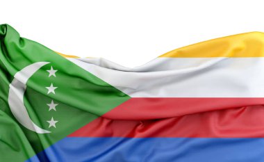 Beyaz arkaplanda izole edilmiş Comoros bayrağı ve üzerinde kopya alanı var. 3B görüntüleme