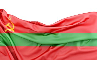 Flag of Transnistria isolated on white background with copy space above. 3D rendering clipart