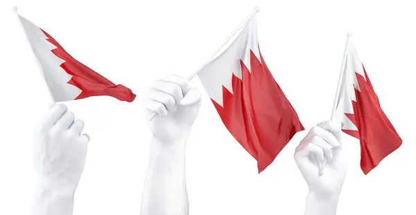 Drie Geïsoleerde Handen Zwaaiend Met Bahrein Vlaggen Symbool Van Nationale Rechtenvrije Stockafbeeldingen