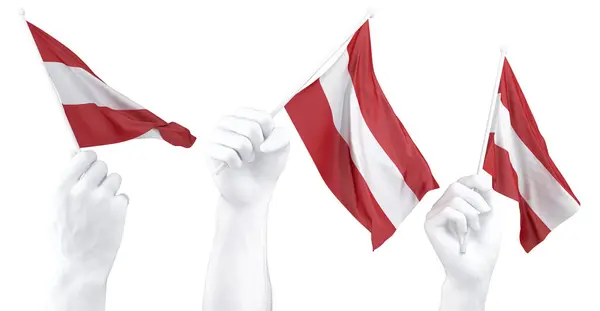 Tres Manos Aisladas Ondeando Banderas Austria Simbolizando Orgullo Nacional Unidad Fotos de stock libres de derechos