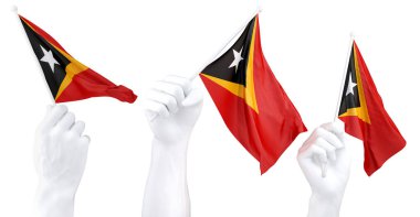 Three isolated hands waving East Timor flags, symbolizing national pride and unity clipart