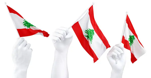 Three Isolated Hands Waving Lebanon Flags Symbolizing National Pride Unity Stock Image