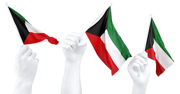 Three Isolated Hands Waving Kuwait Flags Symbolizing National Pride Unity Fotos de stock
