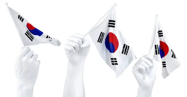 Tre Isolerade Händer Viftande Sydkorea Flaggor Symboliserar Nationell Stolthet Och Stockbild
