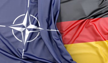 Almanya ve NATO bayrakları birleşerek uluslararası ilişkileri temsil ediyor. 3B görüntüleme