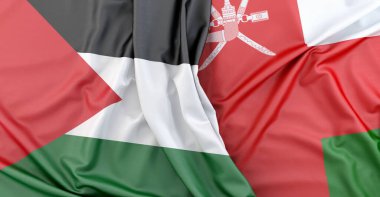 Filistin bayrağının kumaşı Umman bayrağının sultanıyla birleşiyor. 3B görüntüleme