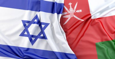 İsrail ve Umman 'ın bayrakları yan yana sallanıyor. 3B görüntüleme