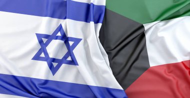 İsrail ve Kuveyt 'in bayraklarının kumaş dokuları el ele sallanıyor. 3B görüntüleme