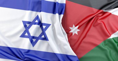 İsrail ve Ürdün bayrakları uluslararası ilişkileri gösteriyor. 3B görüntüleme