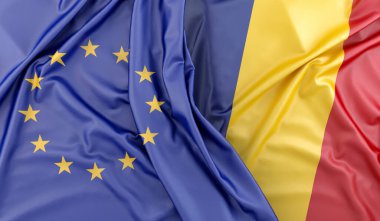 Avrupa Birliği bayrağının yanında duran Romanya bayrağı. 3B görüntüleme